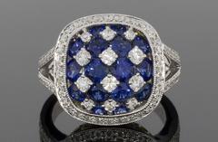 Sapphire Diamond Cushion Halo Split Shank Cluster Ring