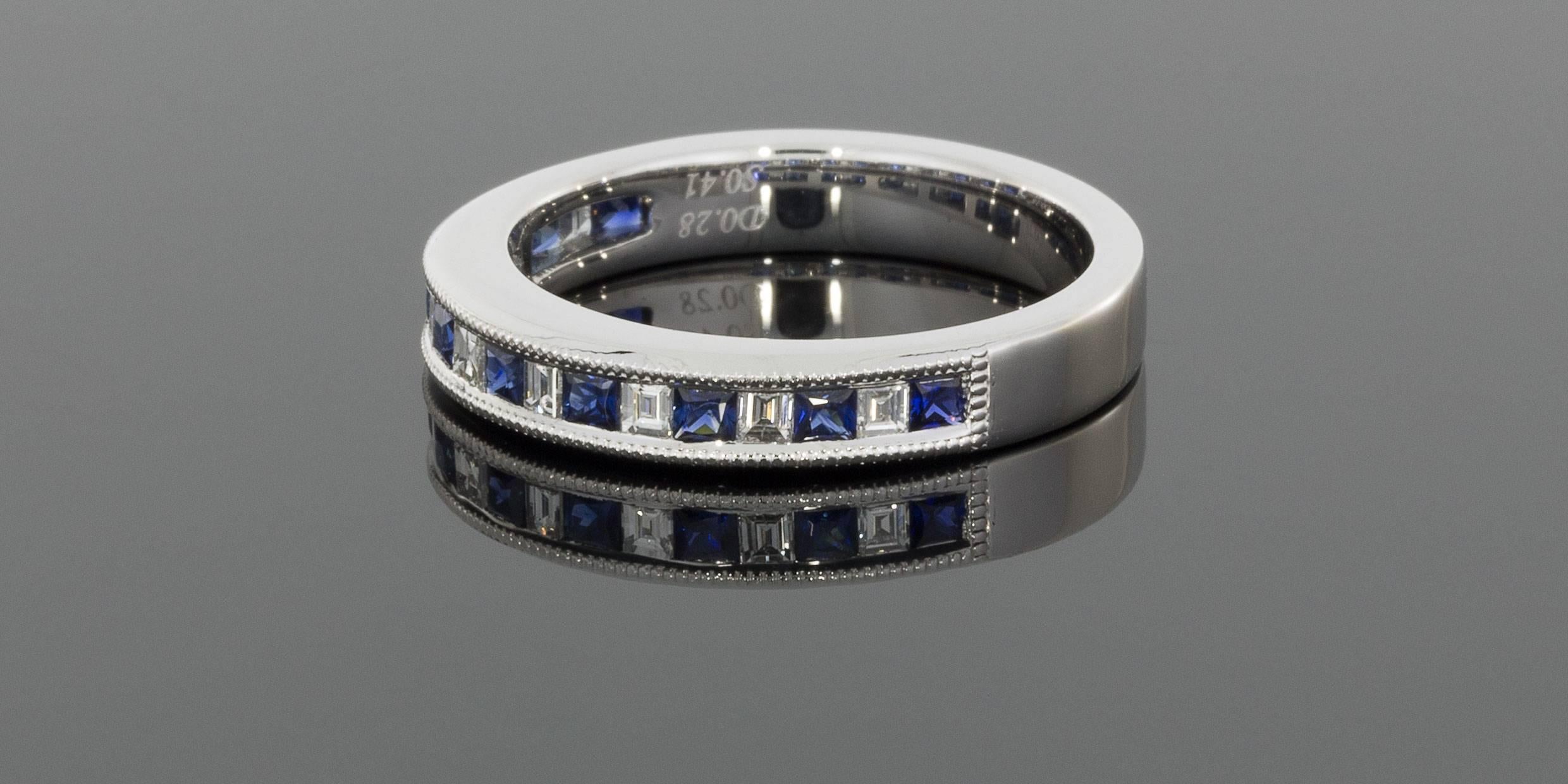 White Gold Princess Sapphire & Asscher Diamond Wedding Band Stackable Ring In New Condition In Columbia, MO