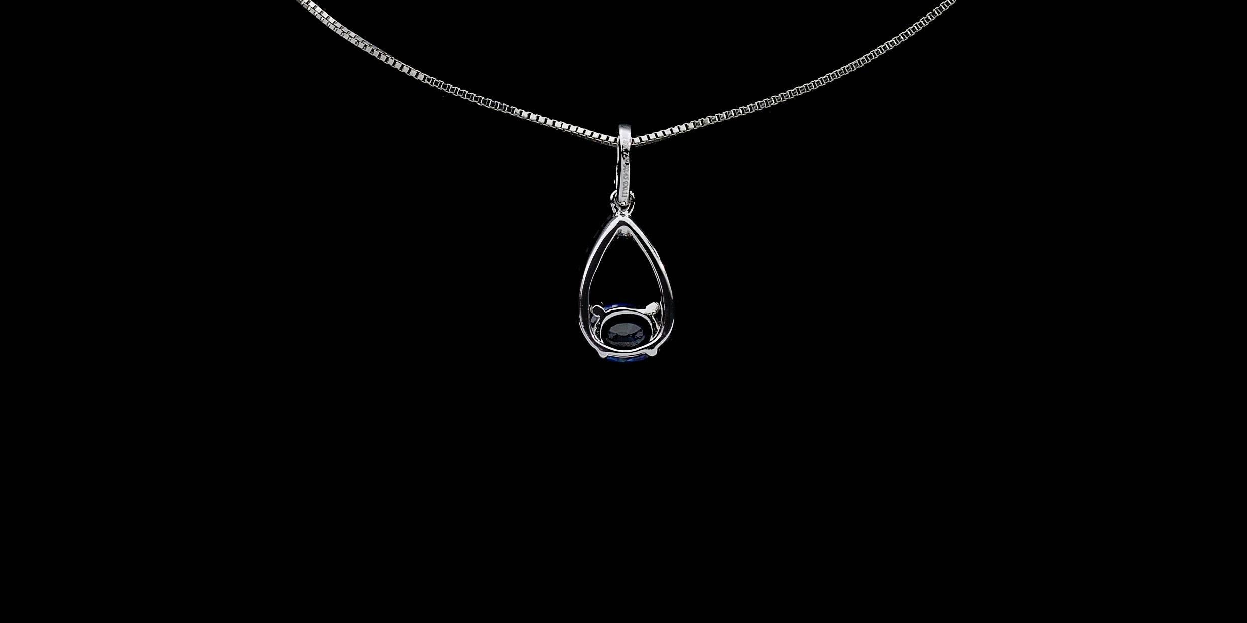 Women's White Gold Oval Blue Sapphire & Diamond Pear Shaped Pendant Necklace