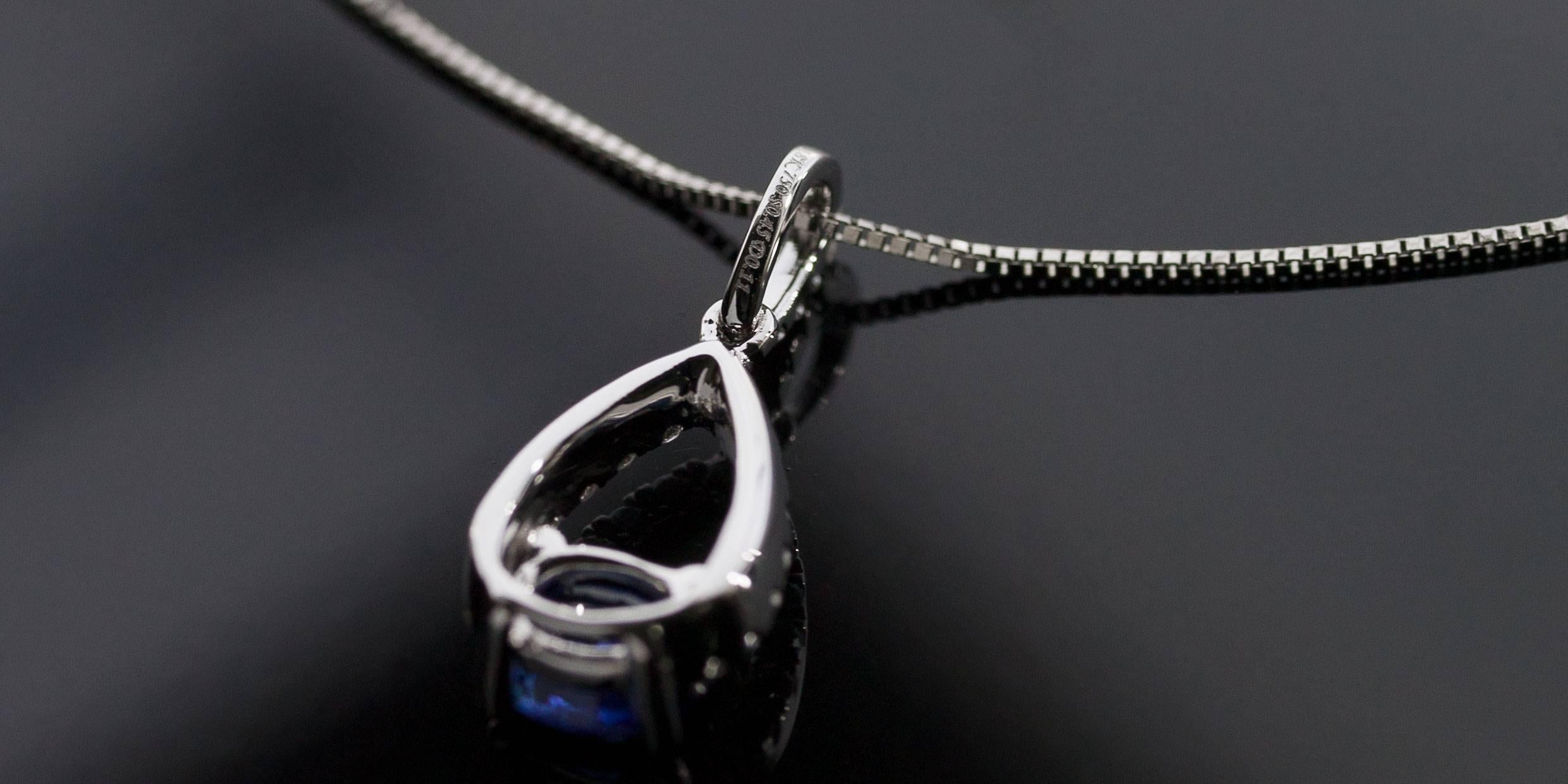 White Gold Oval Blue Sapphire & Diamond Pear Shaped Pendant Necklace 3