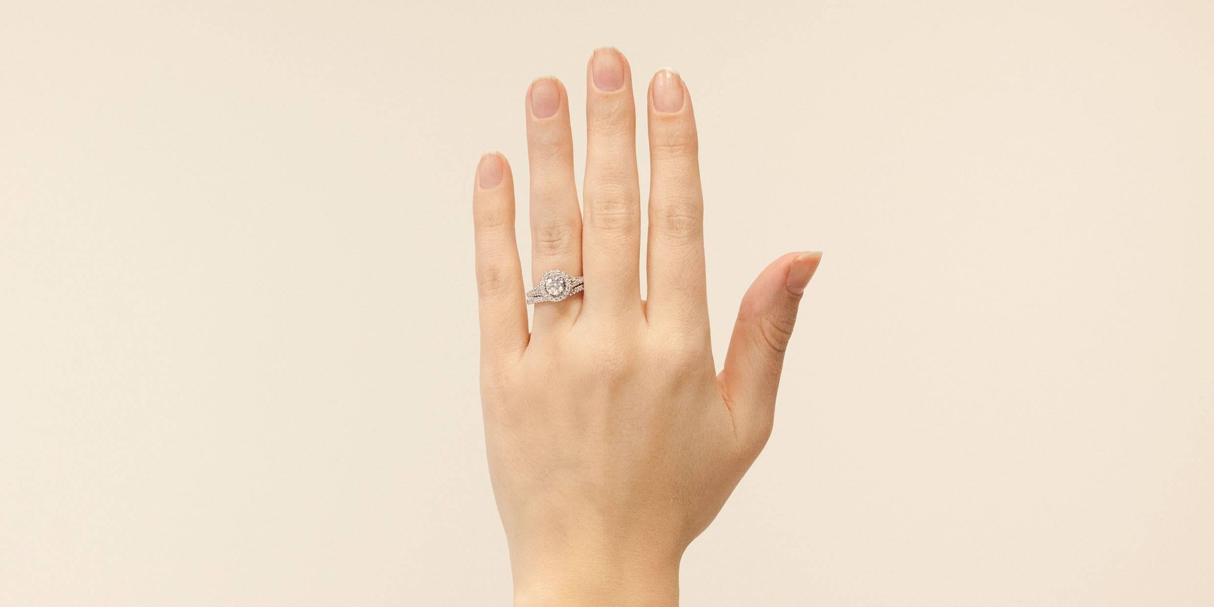 White Gold Round Diamond Halo Split Shank Engagement & Wedding Ring Set 5