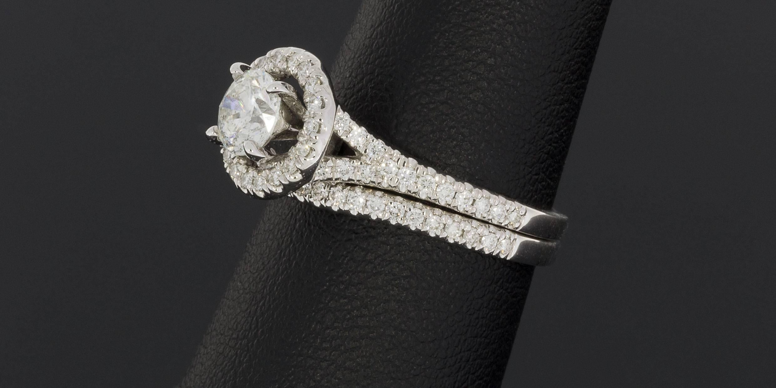 White Gold Round Diamond Halo Split Shank Engagement & Wedding Ring Set 2