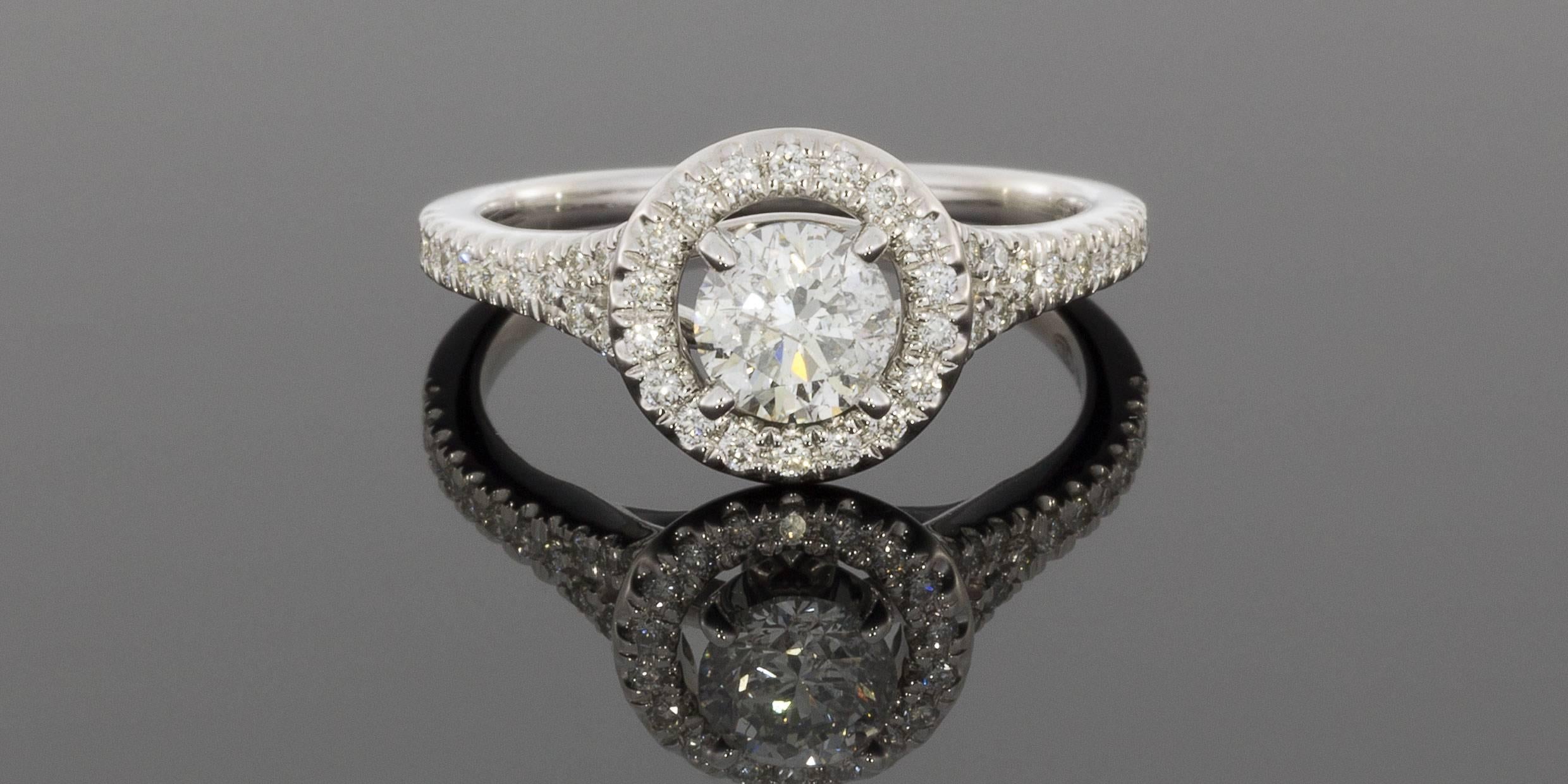 White Gold Round Diamond Halo Split Shank Engagement & Wedding Ring Set 3