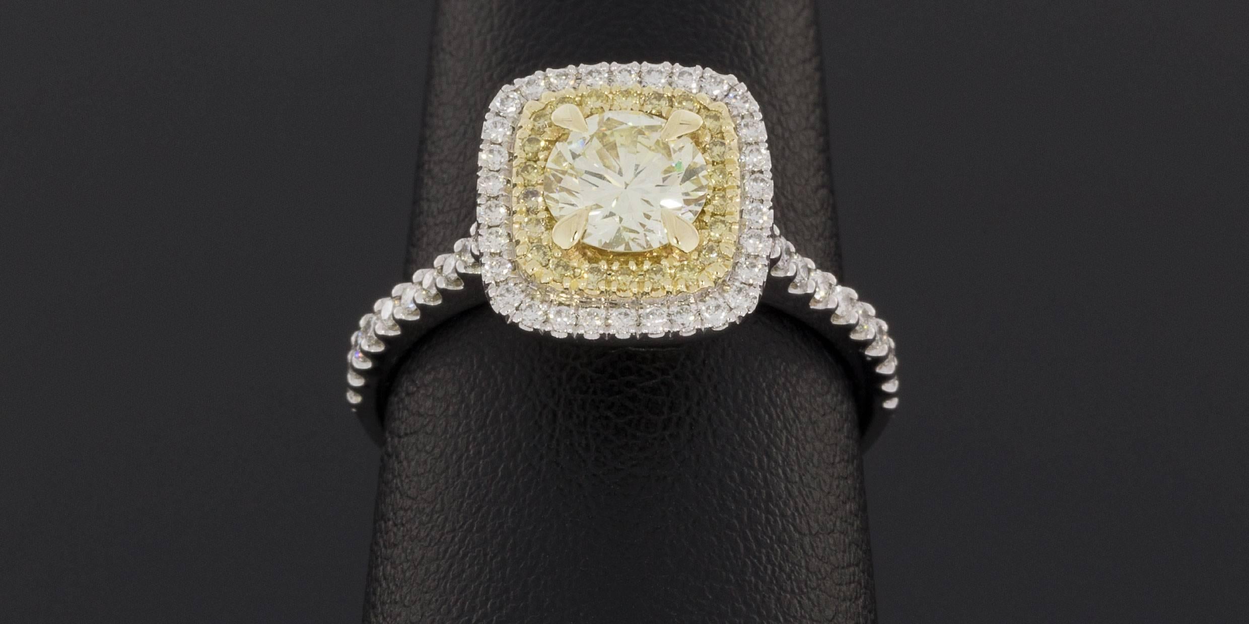 Round Cut Fancy Canary Yellow Round Diamond Double Halo Engagement Ring