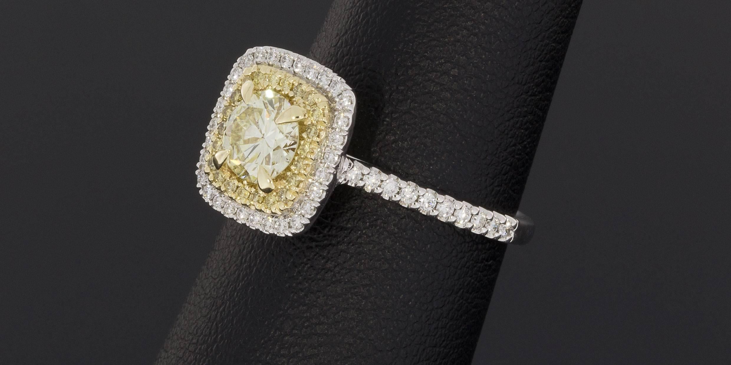 Fancy Canary Yellow Round Diamond Double Halo Engagement Ring In New Condition In Columbia, MO