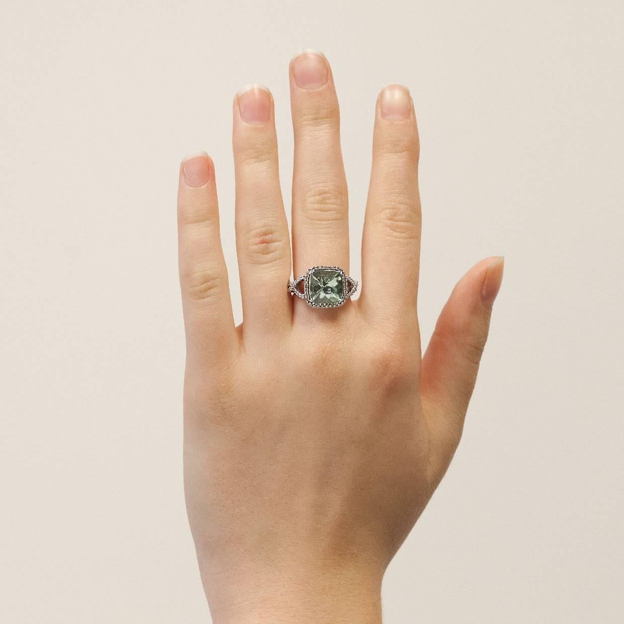 Effy Cushion Green Amethyst and Diamond Halo Twist White Gold Ring 3