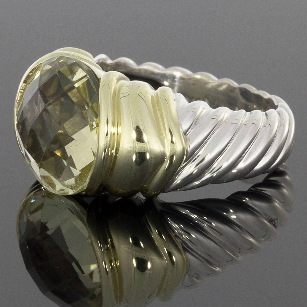 David Yurman Classic Cable Silver and 14 Karat Gold Prasiolite Ring In Excellent Condition In Columbia, MO