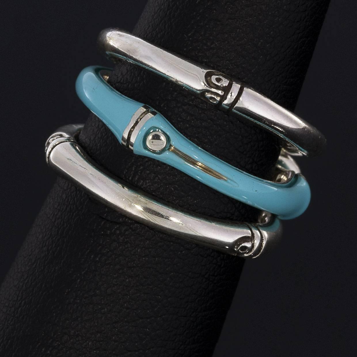 John Hardy Silver Turquoise Enamel Bamboo Triple Ring Set In Excellent Condition In Columbia, MO