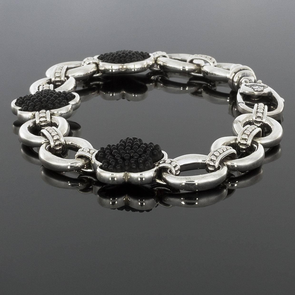 Lagos Black Onyx Caviar Flower Love Me Sterling Silver Link Bracelet In Excellent Condition In Columbia, MO