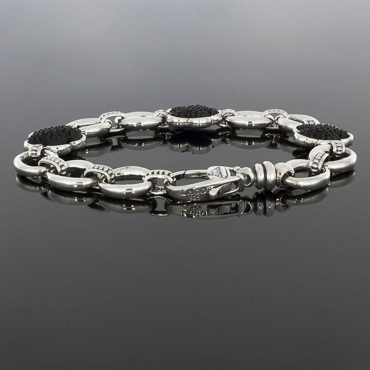 Women's Lagos Black Onyx Caviar Flower Love Me Sterling Silver Link Bracelet