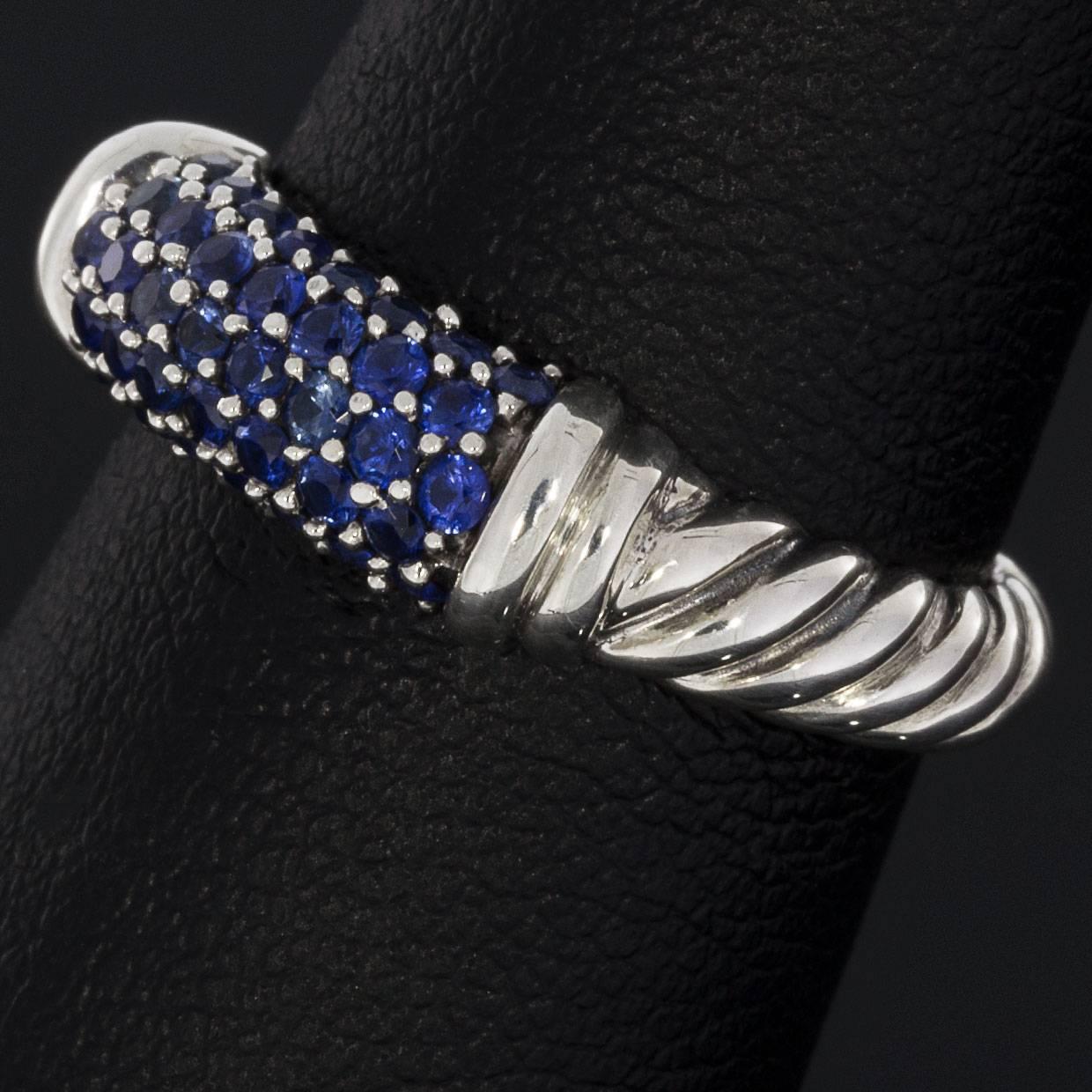 Round Cut David Yurman Blue Sapphire Cable Candy Metro Sterling Silver Band Ring