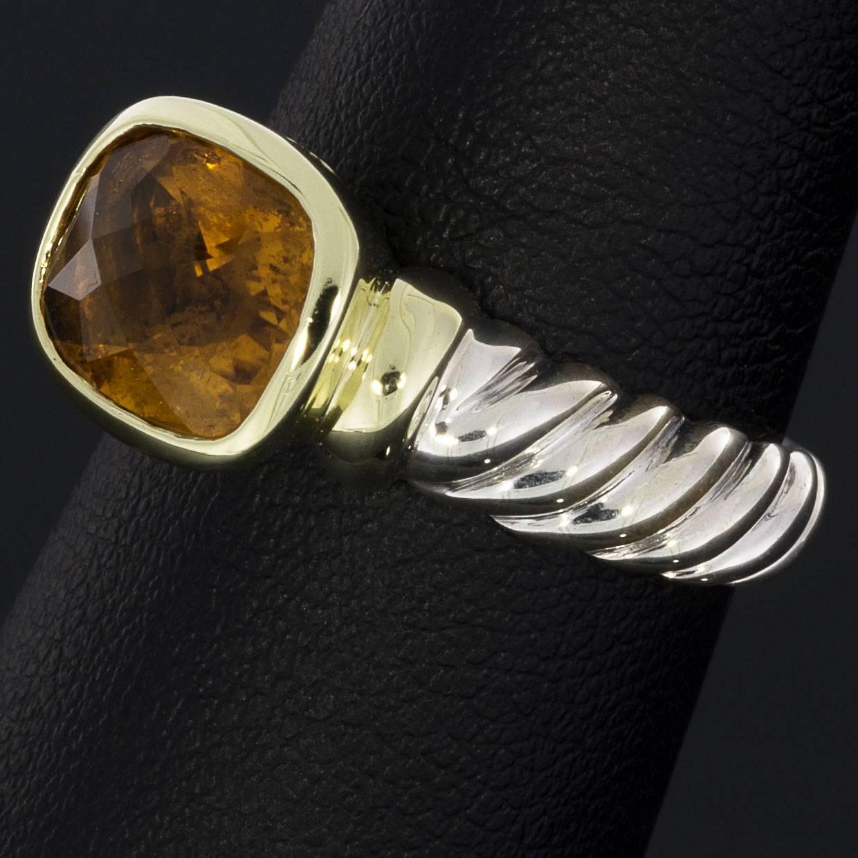 David Yurman Cushion Citrine Noblesse Bezel Silver and Gold Ring 1