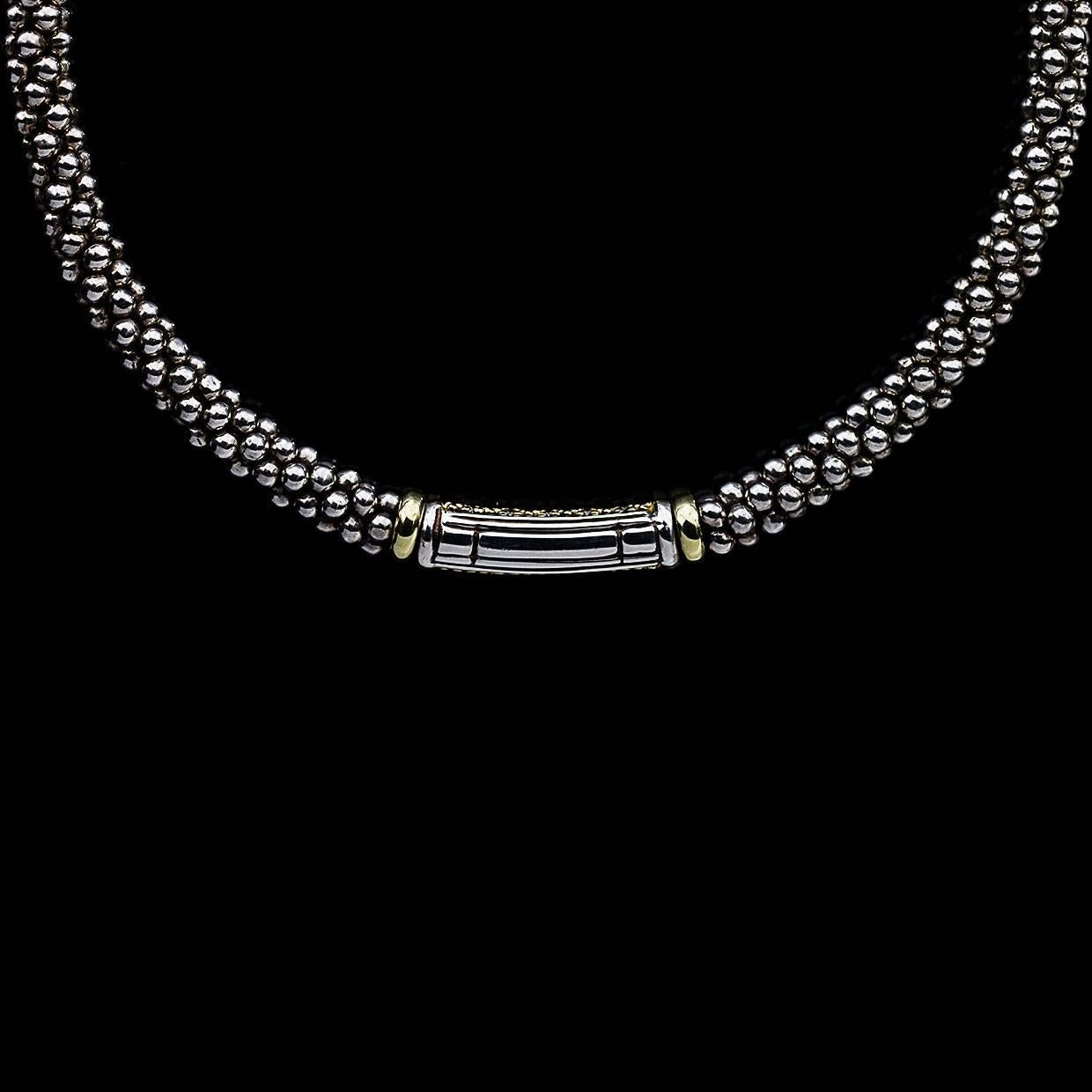 Lagos Pave Diamond Caviar Sterling Silver and 18 Karat Gold Necklace In Excellent Condition In Columbia, MO