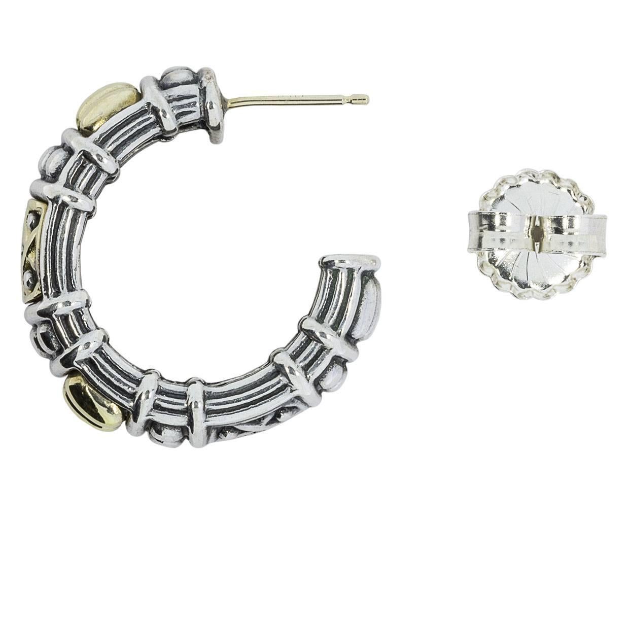 Lagos Caviar Sterling Silver and 18 Karat Yellow Gold Deco Hoop Earrings In Excellent Condition In Columbia, MO