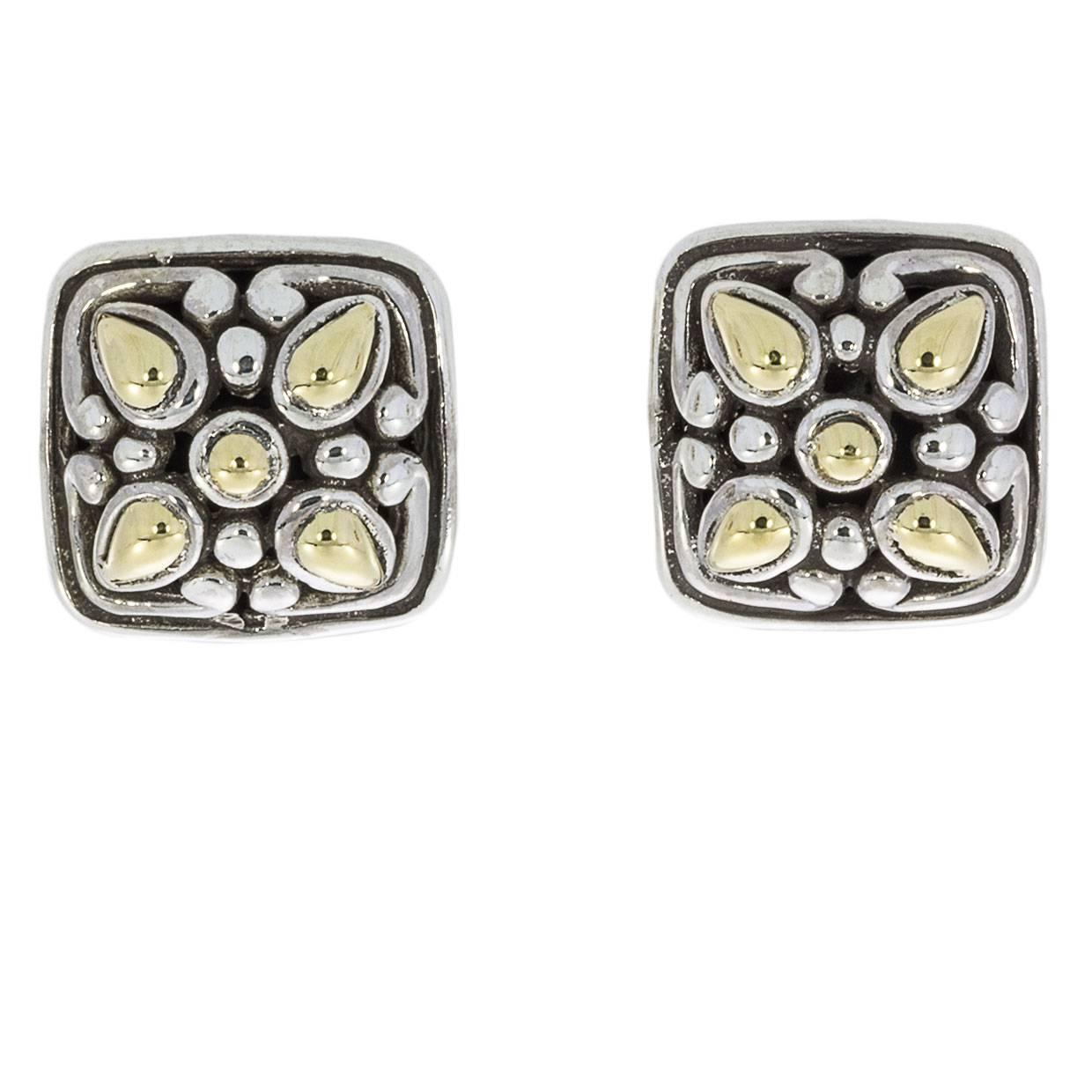 John Hardy Angela Sterling Silver and Gold Cushion Stud Earrings