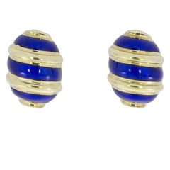 Tiffany & Co. Blue Enamel Schlumberger 18 Karat Yellow Gold Olive Earrings