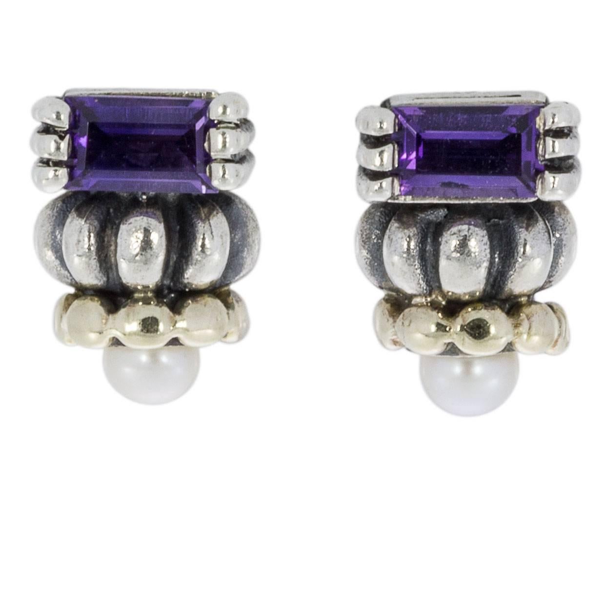 Lagos Amethyst and Pearl Glacier Sterling Silver and Gold Earrings