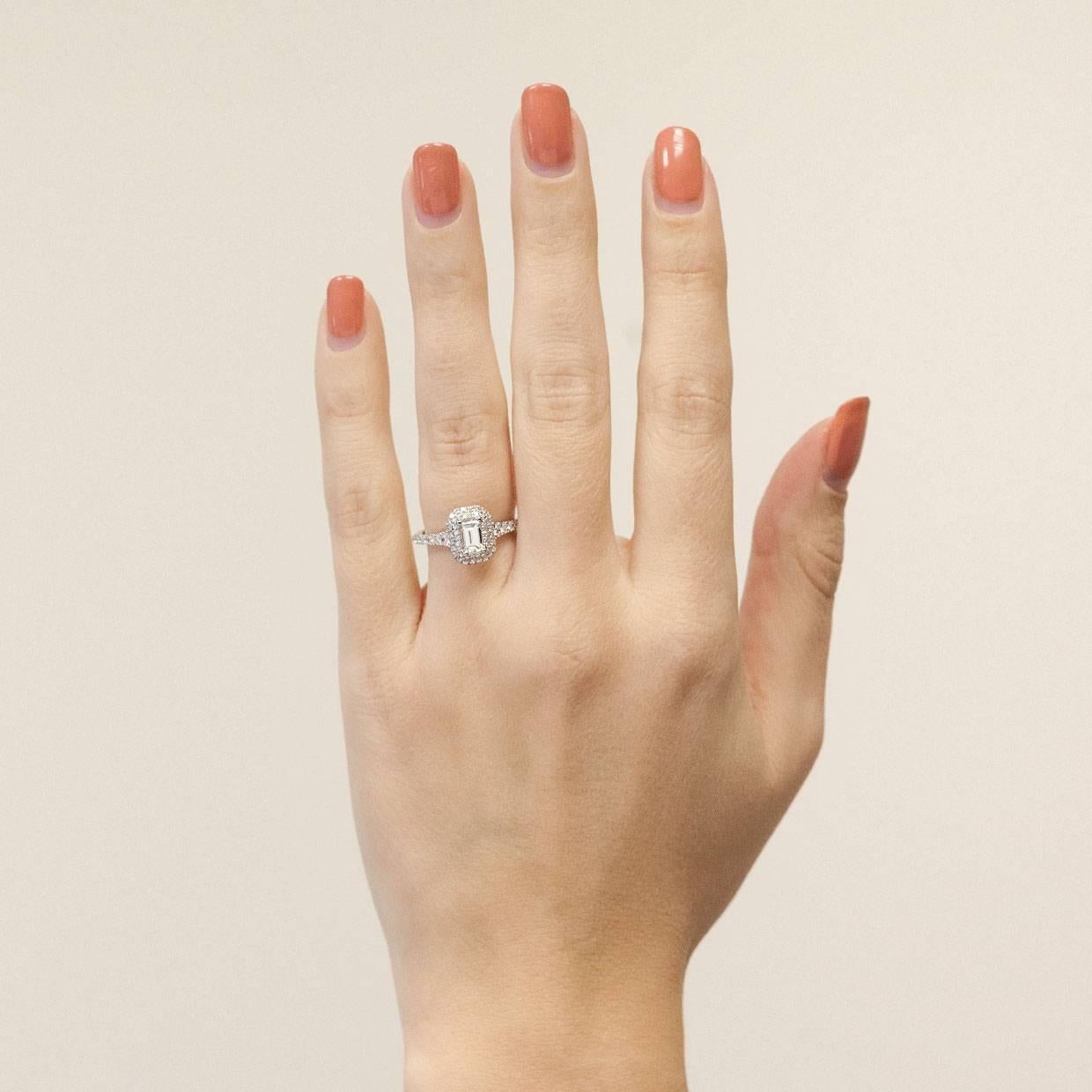 14 Karat White Gold Double Halo Emerald Diamond Engagement Ring 2