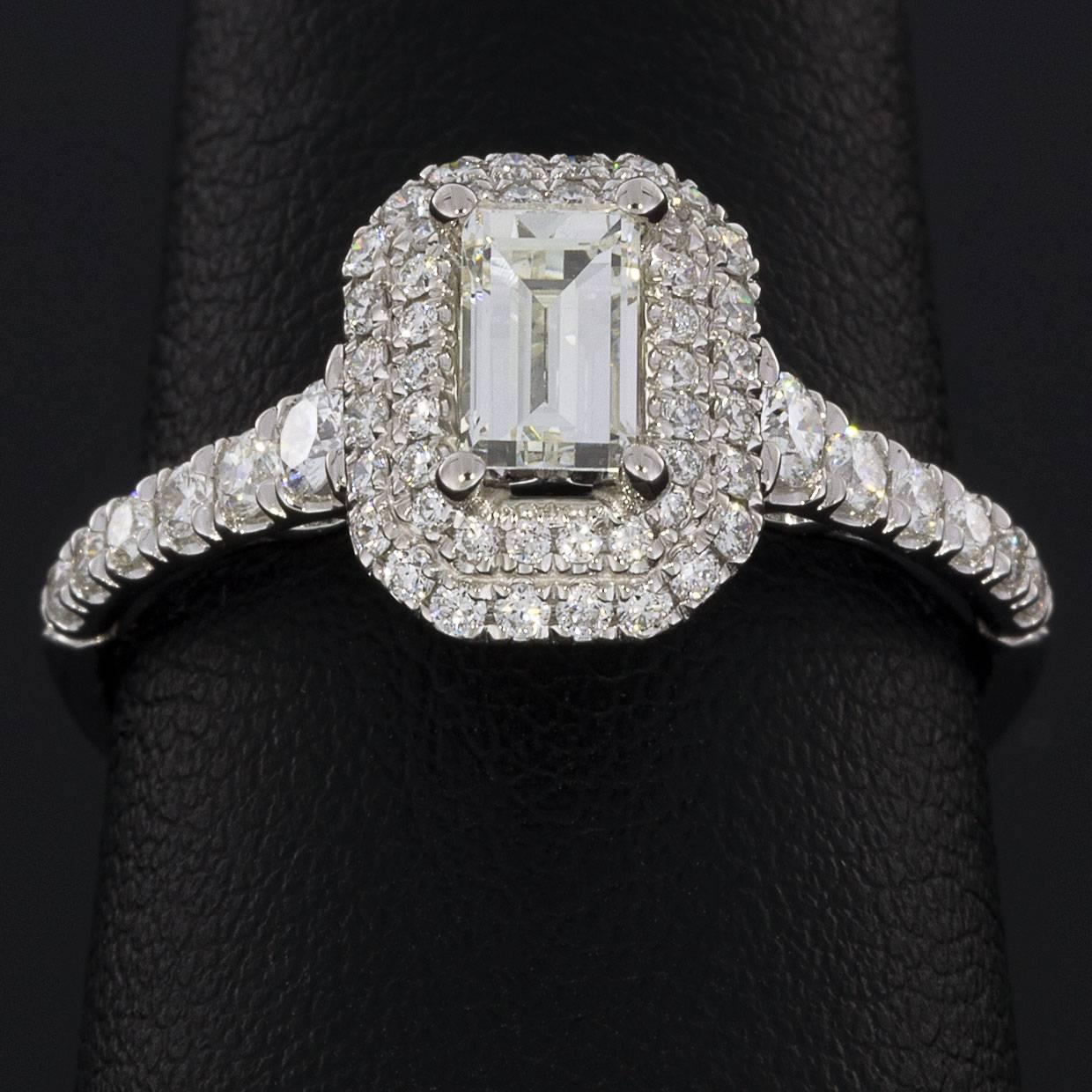 Women's or Men's 14 Karat White Gold Double Halo Emerald Diamond Engagement Ring