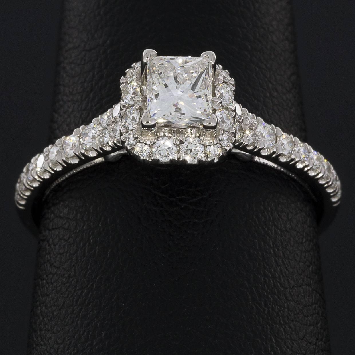 Women's 14 Karat White Gold Halo Princess Diamond Engagement Ring