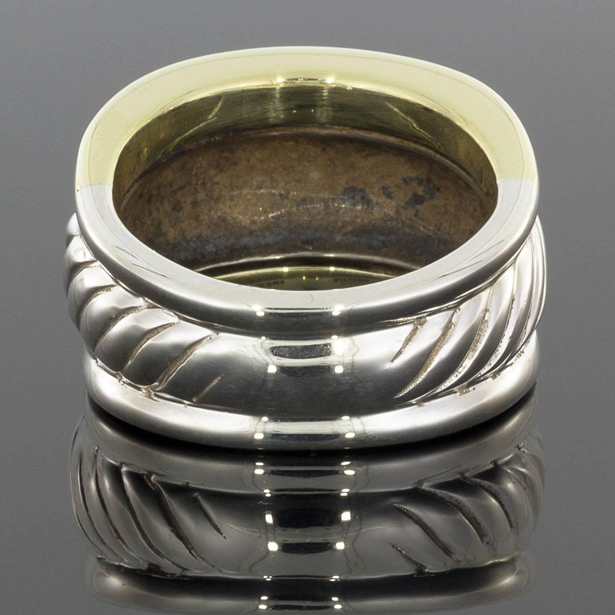 David Yurman Gold and Sterling Silver Cable Cigar Thoroughbred Ring In Excellent Condition In Columbia, MO