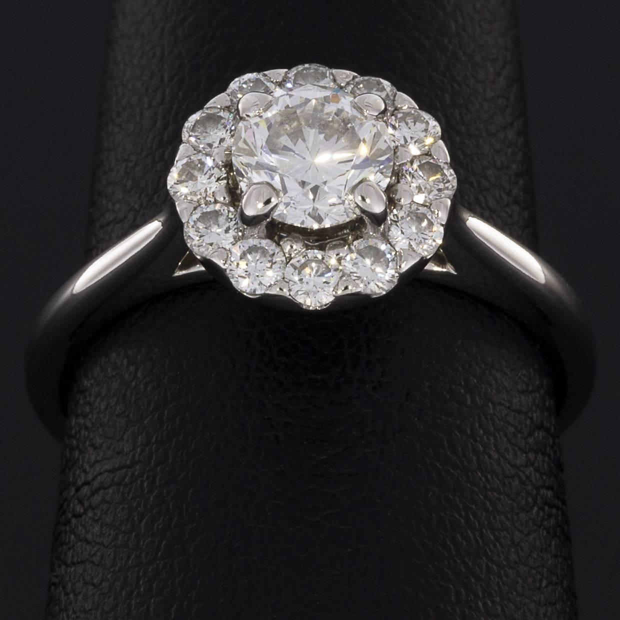 Gabriel & Co. White Gold .98 Carat Round Diamond Halo Engagement Ring In Excellent Condition In Columbia, MO