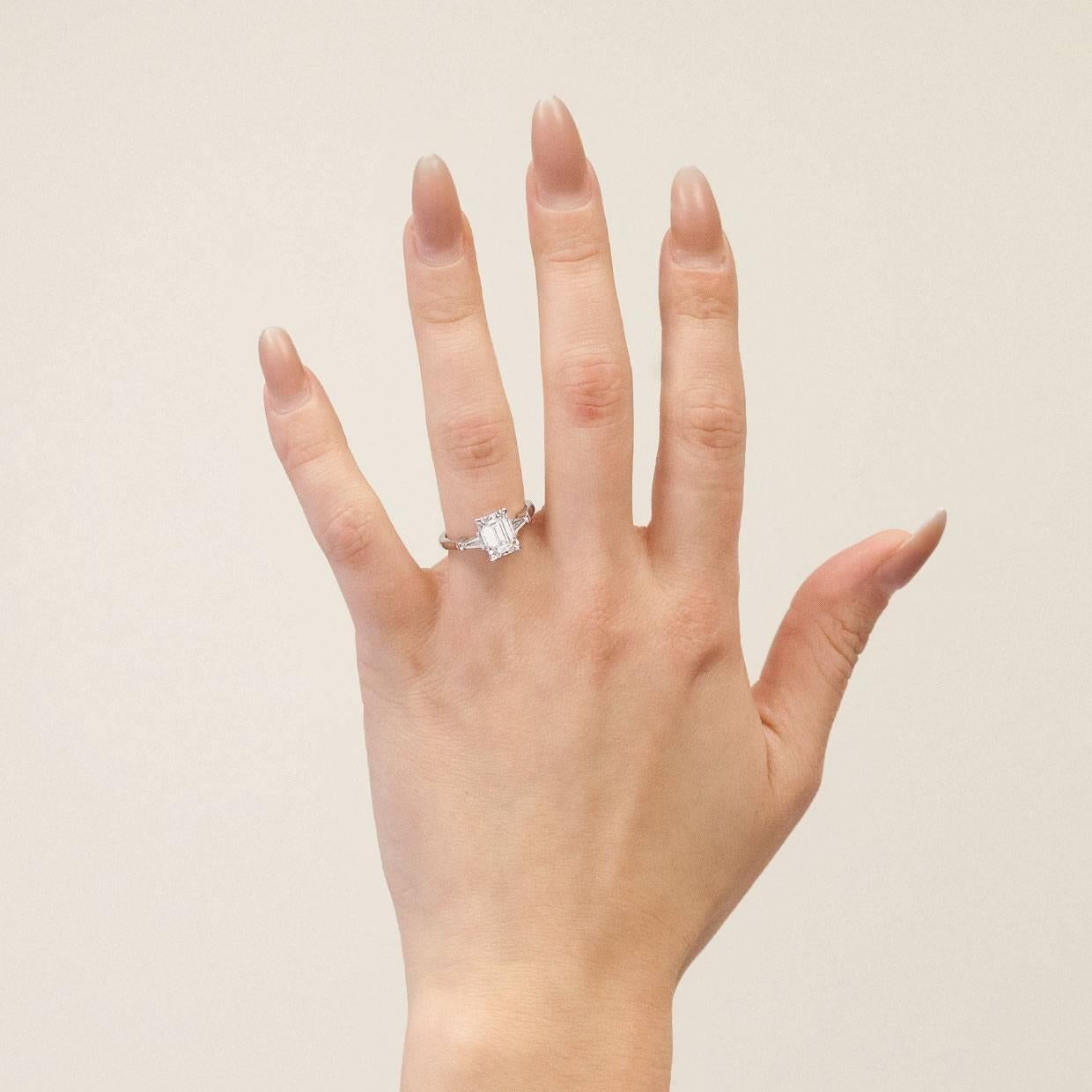 2.25 Carat Emerald and Baguette Platinum Diamond Engagement Ring 2