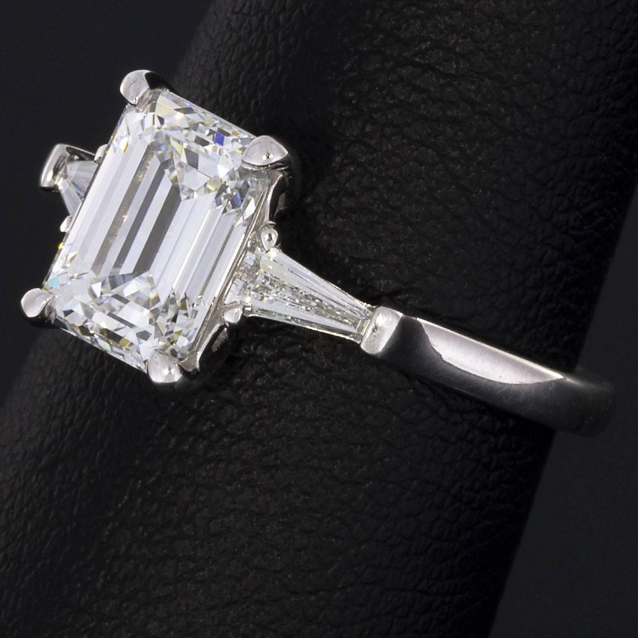 2.25 Carat Emerald and Baguette Platinum Diamond Engagement Ring 1
