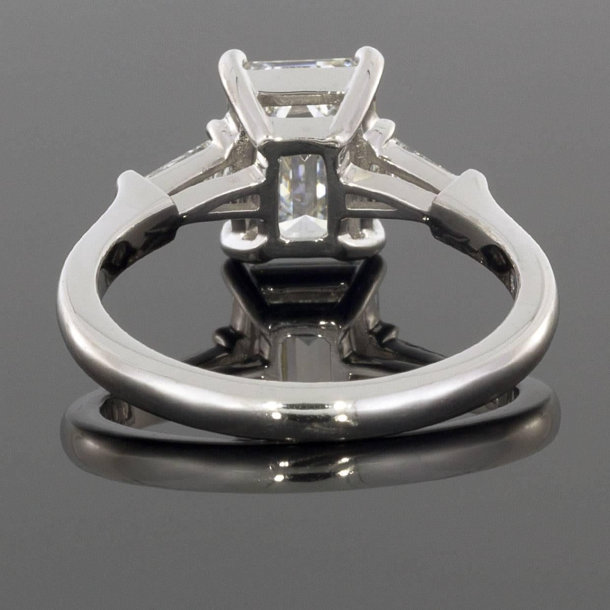 Emerald Cut 2.25 Carat Emerald and Baguette Platinum Diamond Engagement Ring