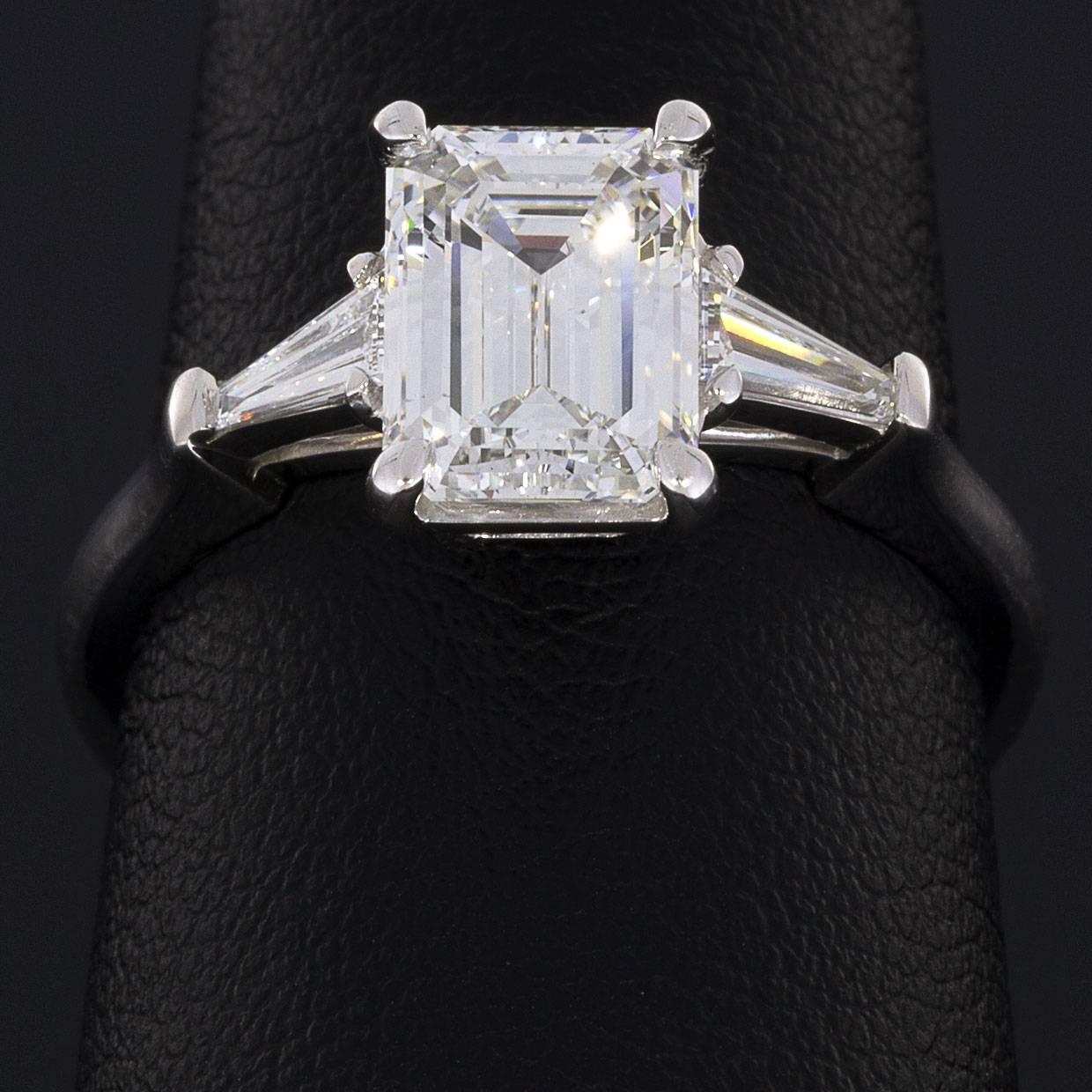 Women's 2.25 Carat Emerald and Baguette Platinum Diamond Engagement Ring