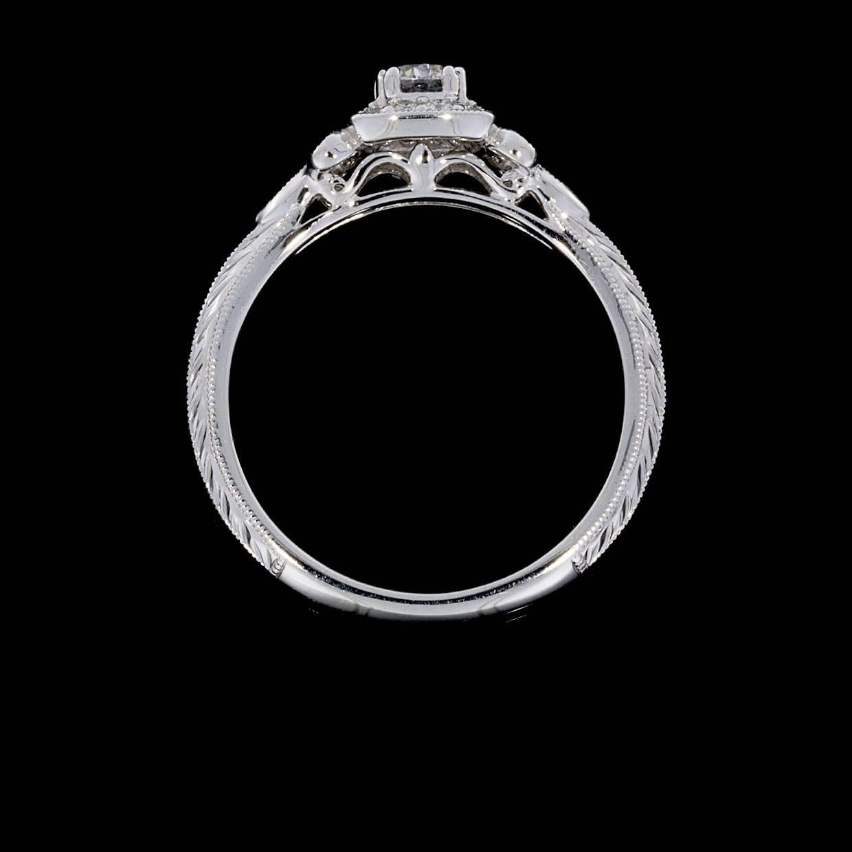 Round Cut White Gold Vintage Inspired Round Diamond Cushion Halo Engagement Ring