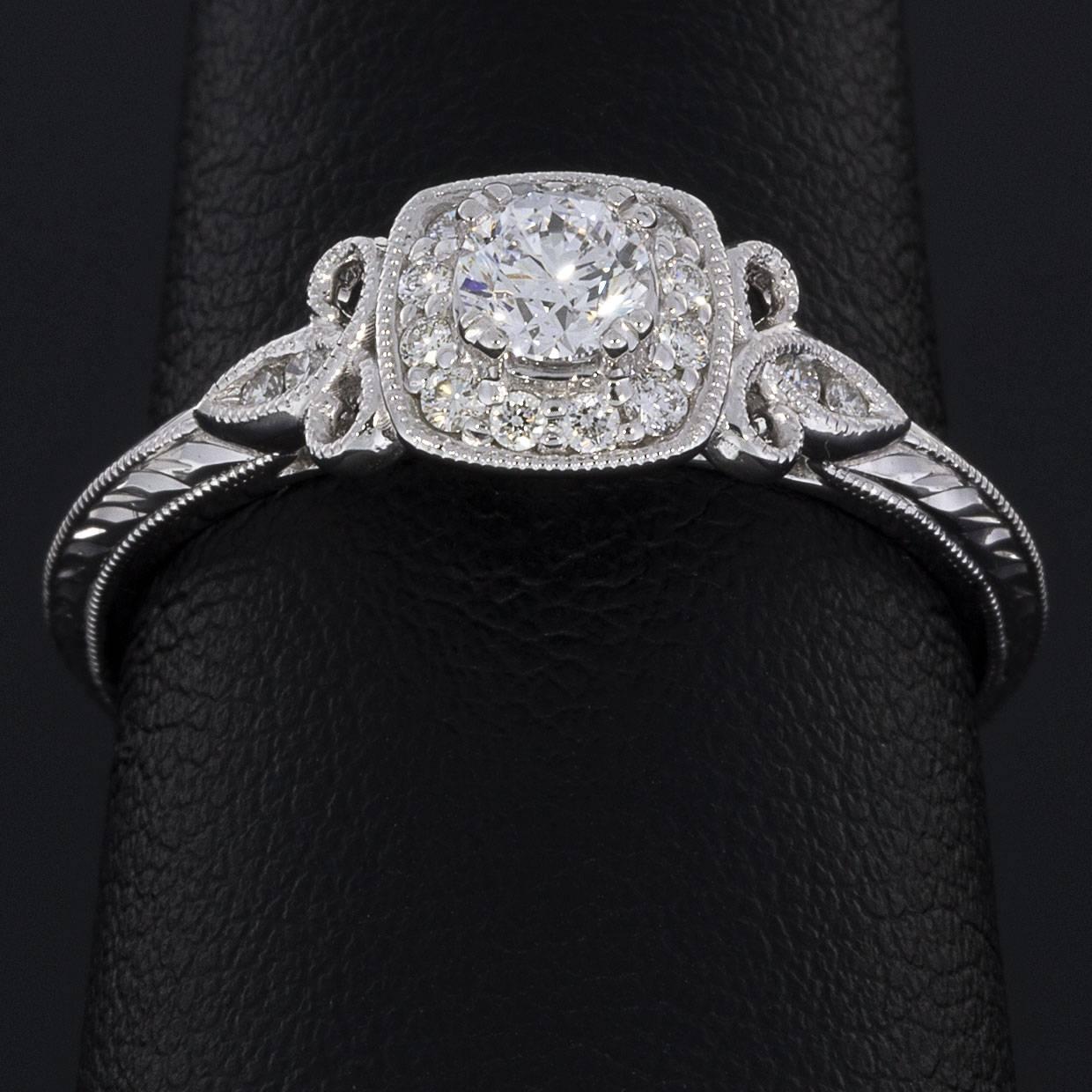White Gold Vintage Inspired Round Diamond Cushion Halo Engagement Ring In New Condition In Columbia, MO