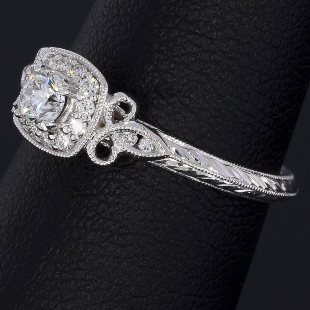 Women's White Gold Vintage Inspired Round Diamond Cushion Halo Engagement Ring