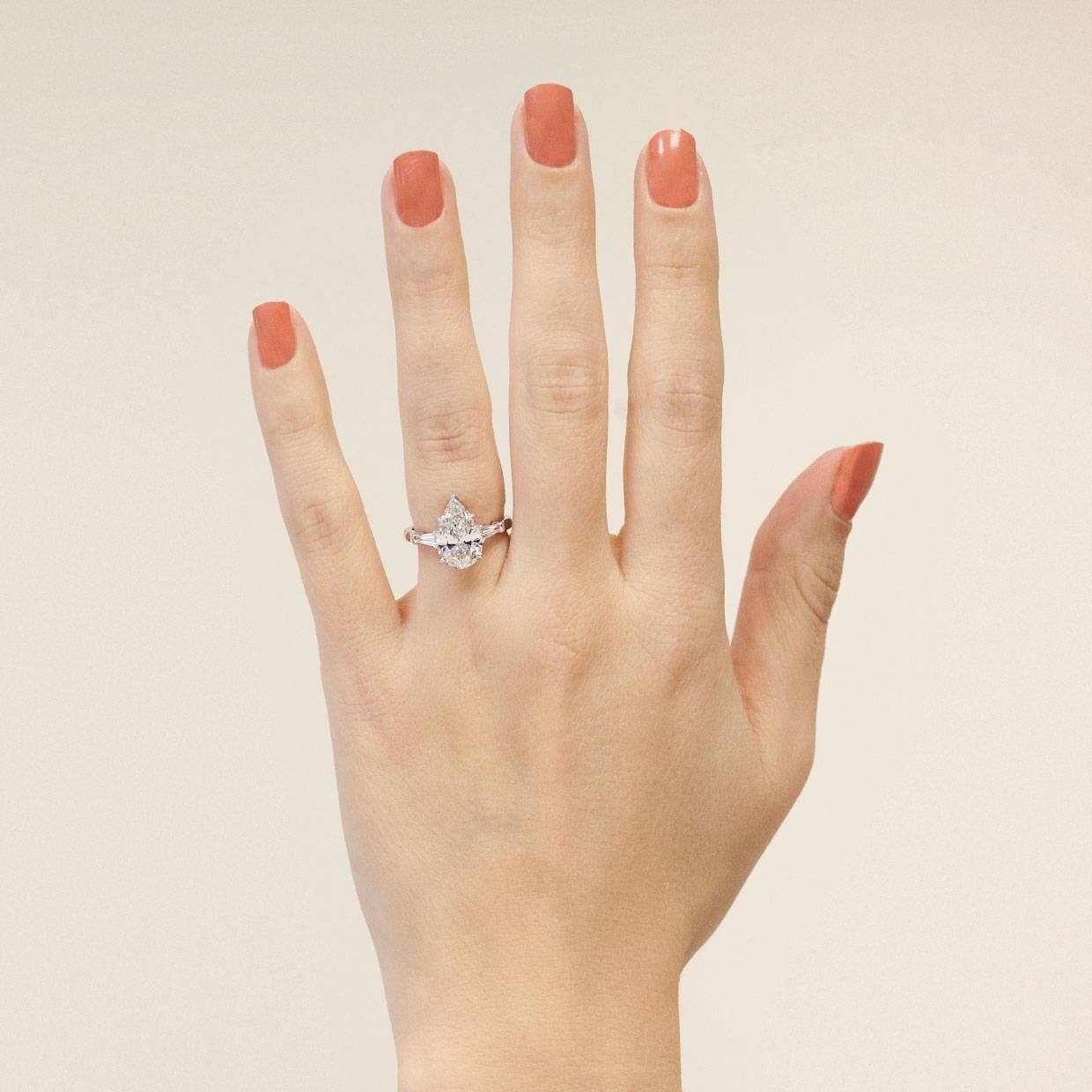Women's 3.02 Carat Pear and Baguette Platinum Diamond Engagement Ring