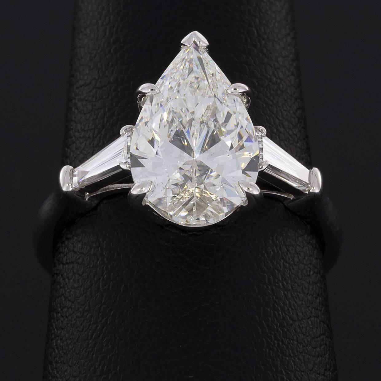 Pear Cut 3.02 Carat Pear and Baguette Platinum Diamond Engagement Ring