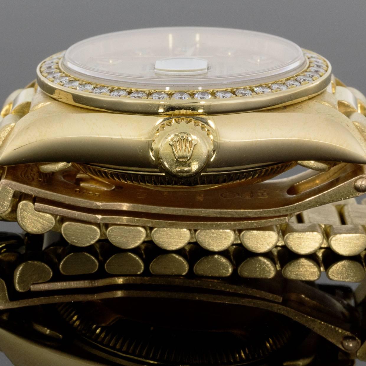 Round Cut Rolex Ladies Yellow Gold President Diamond Bezel and Dial wristwatch