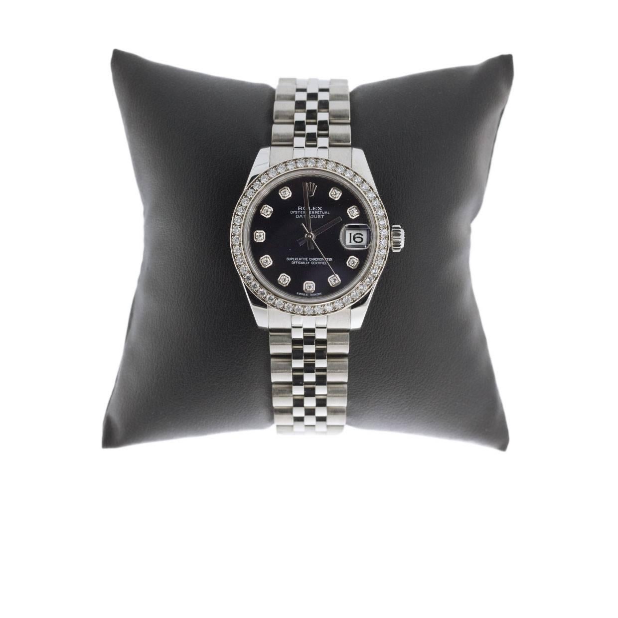 Details:
Rolex Ladies DateJust 
Model# 178384
Diamond bezel and dial
Black watch face
Stainless Steel 31mm Case
Jubilee bracelet
MSRP $15,950
Comes in a beautiful presentation box
An adult signature will be required for delivery unless other