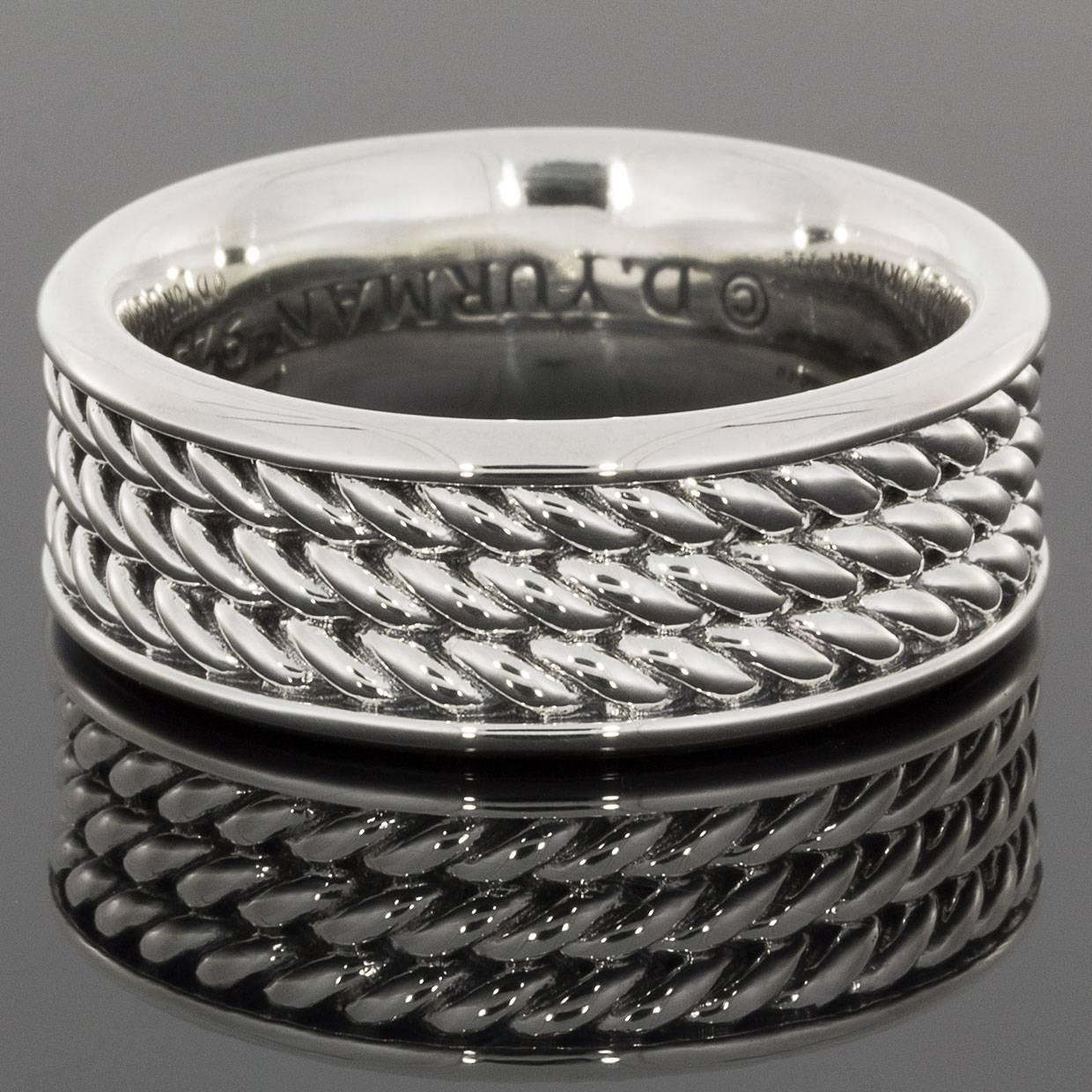 David Yurman's cable style jewelry has become his signature, the unifying element of every collection. This timeless David Yurman men's ring is from the Maritime Collection & features this iconic cable design. The ring has 3 sterling silver, cable