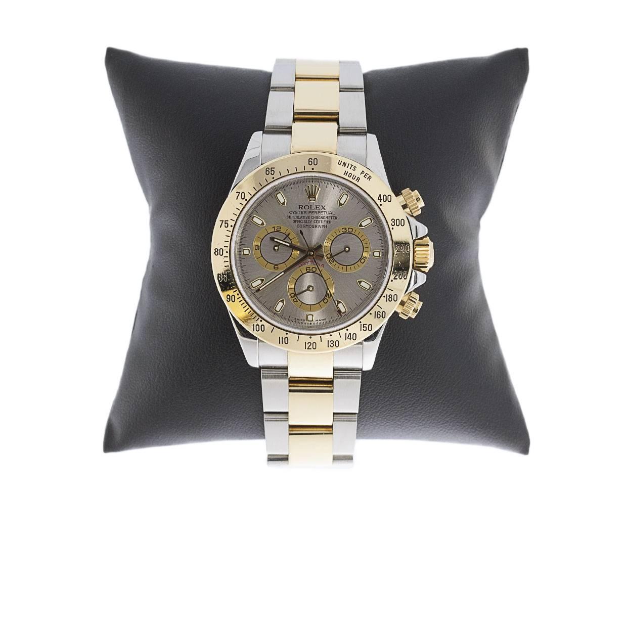 This Rolex Two-Tone Daytona Cosmograph is a classic. If you are looking for a superbly made watch with timeless style, look no further. The watch features a 40 mm stainless steel and 18K yellow gold case. The bezel is 40mm and is made of stainless