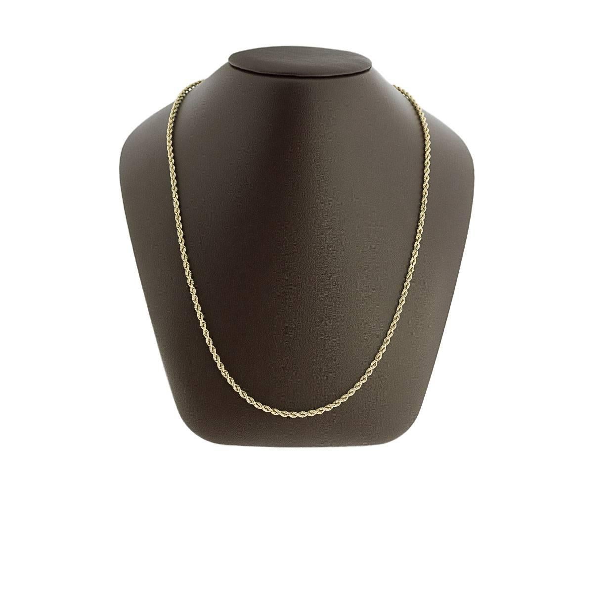 Make this beautiful Tiffany & Co. rope chain necklace yours today! It is comprised of 14K yellow gold and weighs approximately 20.6 grams. This stunning necklace has a length of 24 inches and features a barrel clasp. MSRP $3,500! 

Details:
Tiffany
