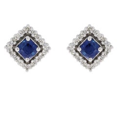 White Gold Cushion Cut Sapphire and Diamond Halo Stud Earrings