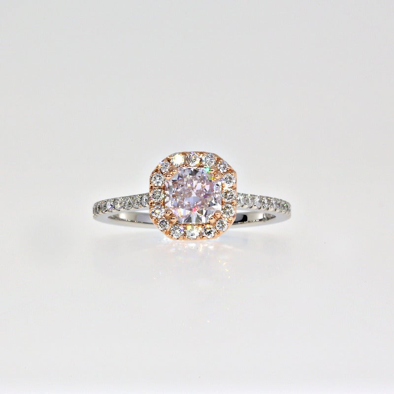 0.80 Carat Cushion Purple-Pink GIA Cert Diamond Gold Halo Ring In New Condition For Sale In Columbia, MO