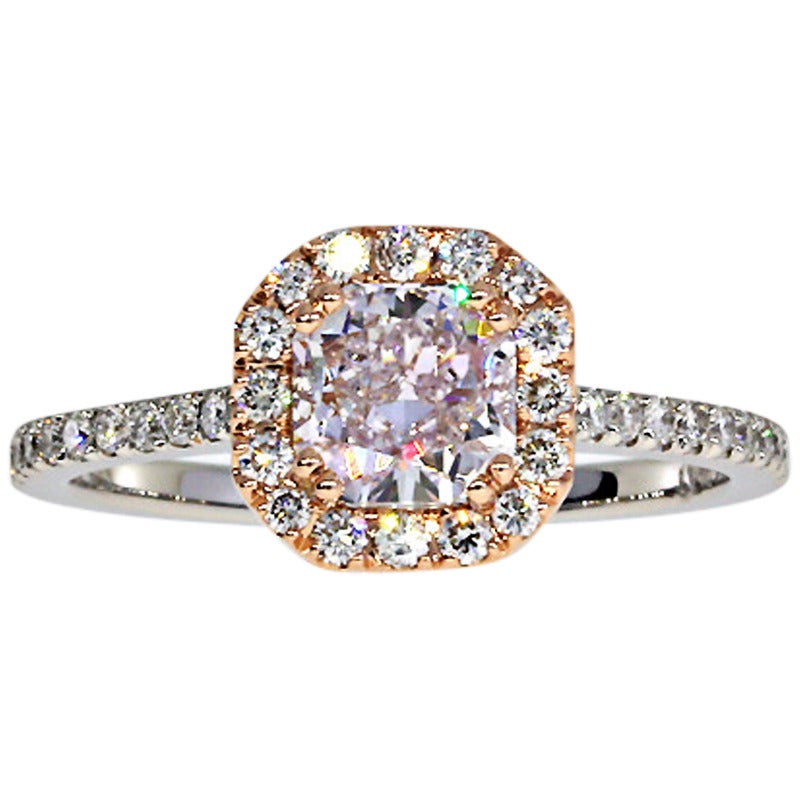 0.80 Carat Cushion Purple-Pink GIA Cert Diamond Gold Halo Ring For Sale