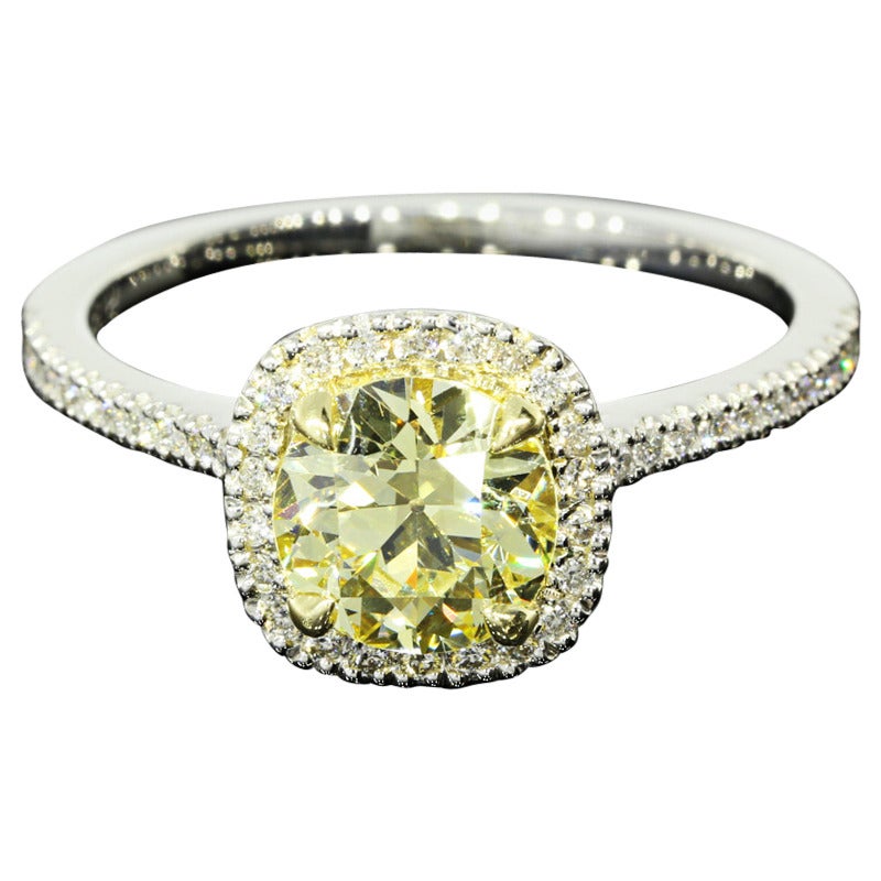 1.21 Carat GIA Fancy Yellow old European Cut Diamond Platinum Engagement Ring