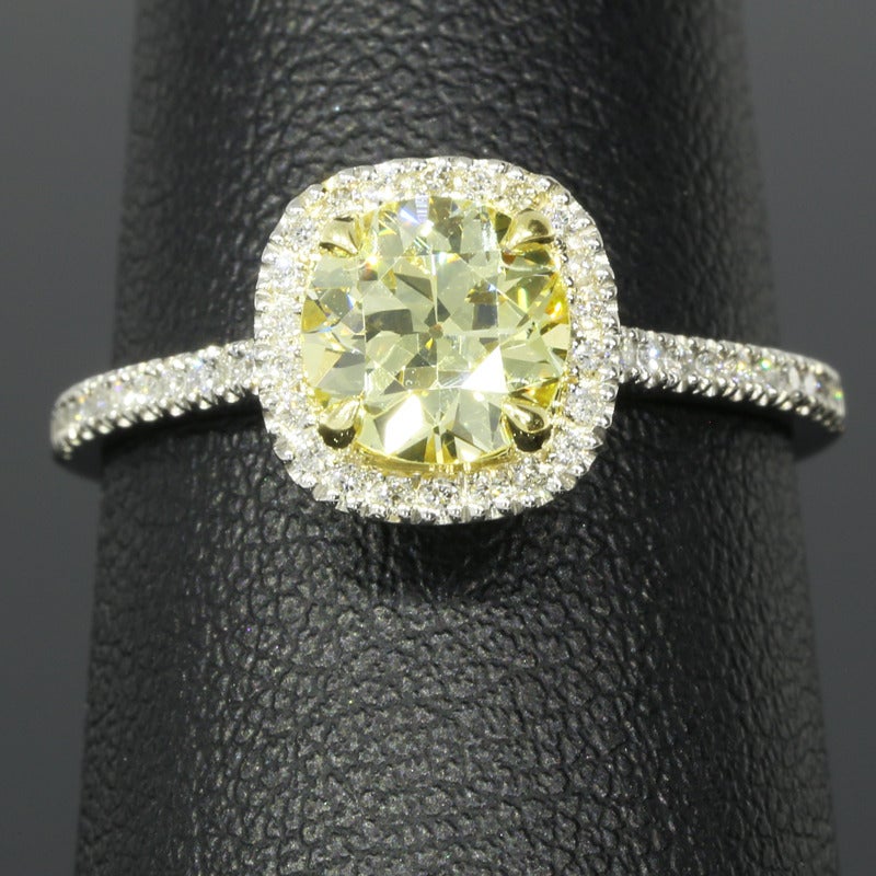 1.21 Carat GIA Fancy Yellow old European Cut Diamond Platinum Engagement Ring 1