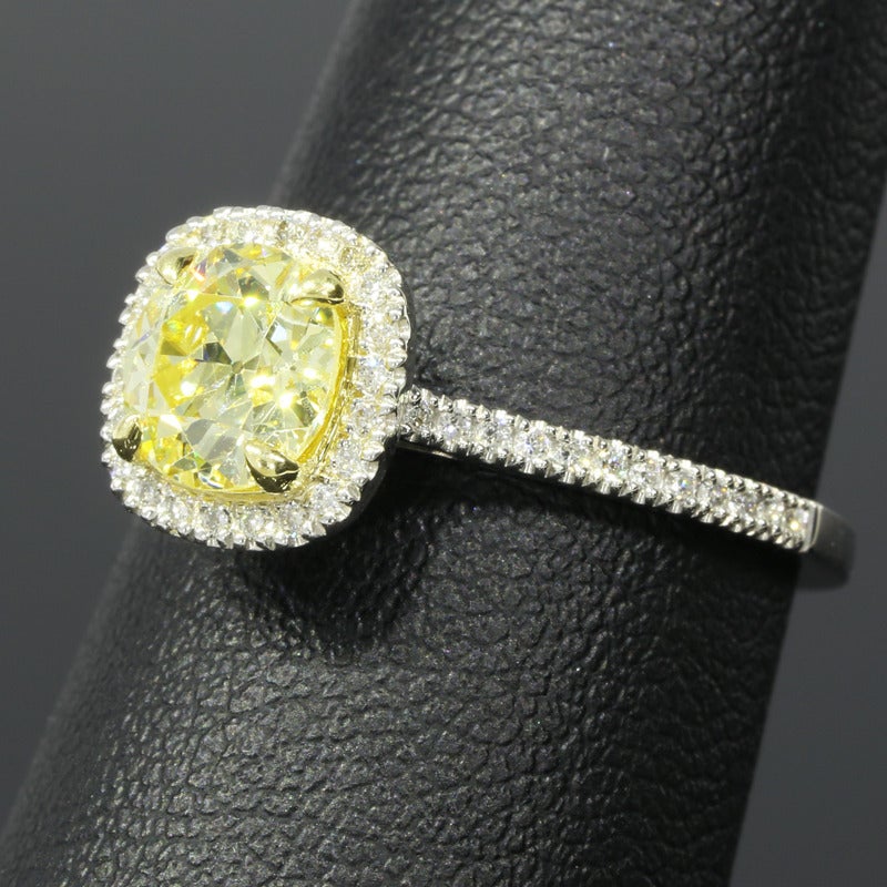 Women's 1.21 Carat GIA Fancy Yellow old European Cut Diamond Platinum Engagement Ring