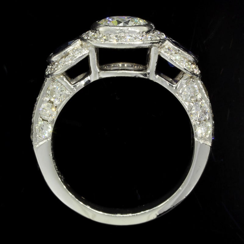 Platinum Diamond and Blue Sapphire Bezel Set Ring In New Condition In Columbia, MO