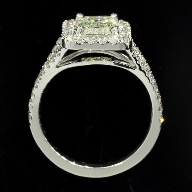 2.01 Carat Emerald Cut Diamond Gold Halo Ring In New Condition In Columbia, MO