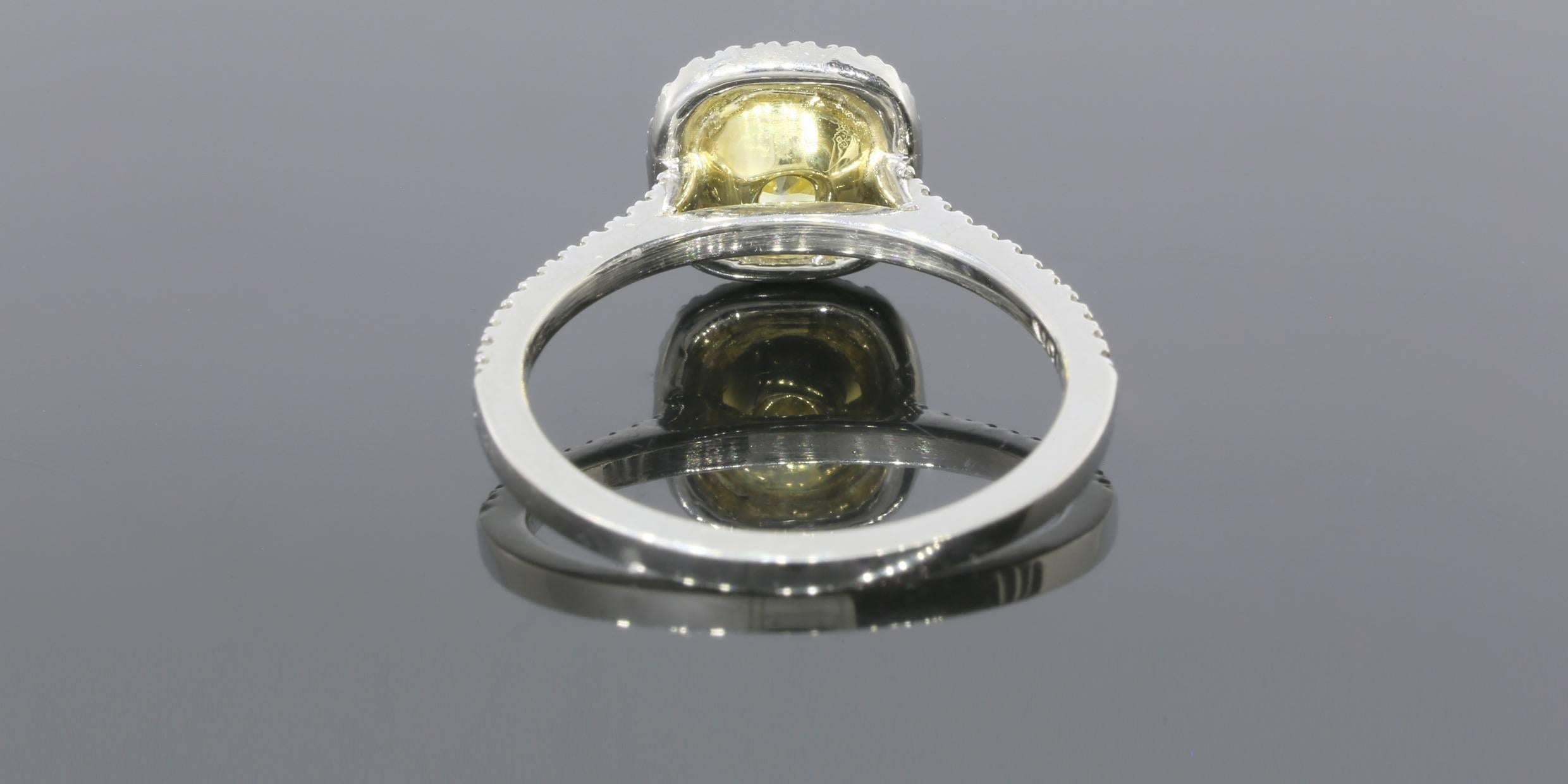 Fancy Light Yellow Canary Diamond gold platinum Halo Ring In New Condition In Columbia, MO