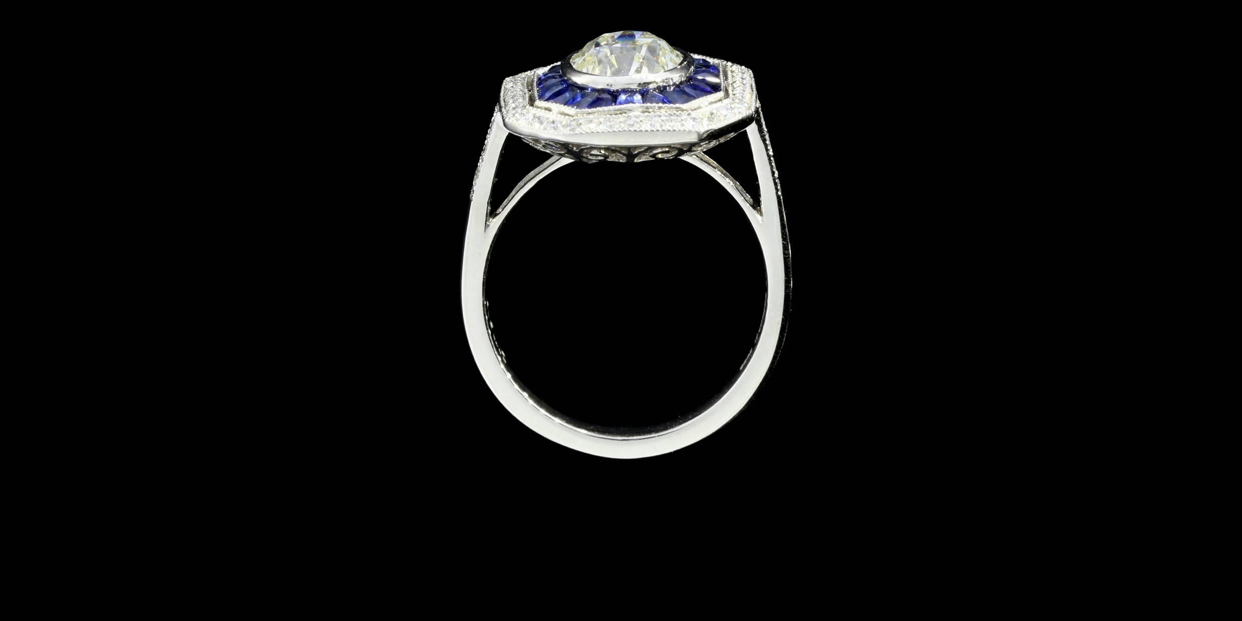 Women's Stunning Art Deco Old European Diamond Sapphire Platinum Halo Ring